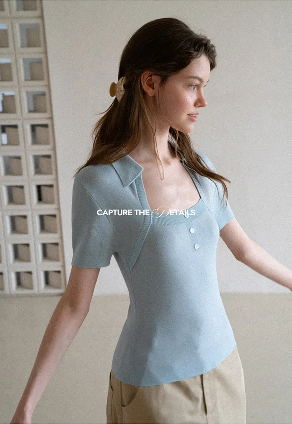 Collared Short Sleeve Knit Sweater with Square Neckline