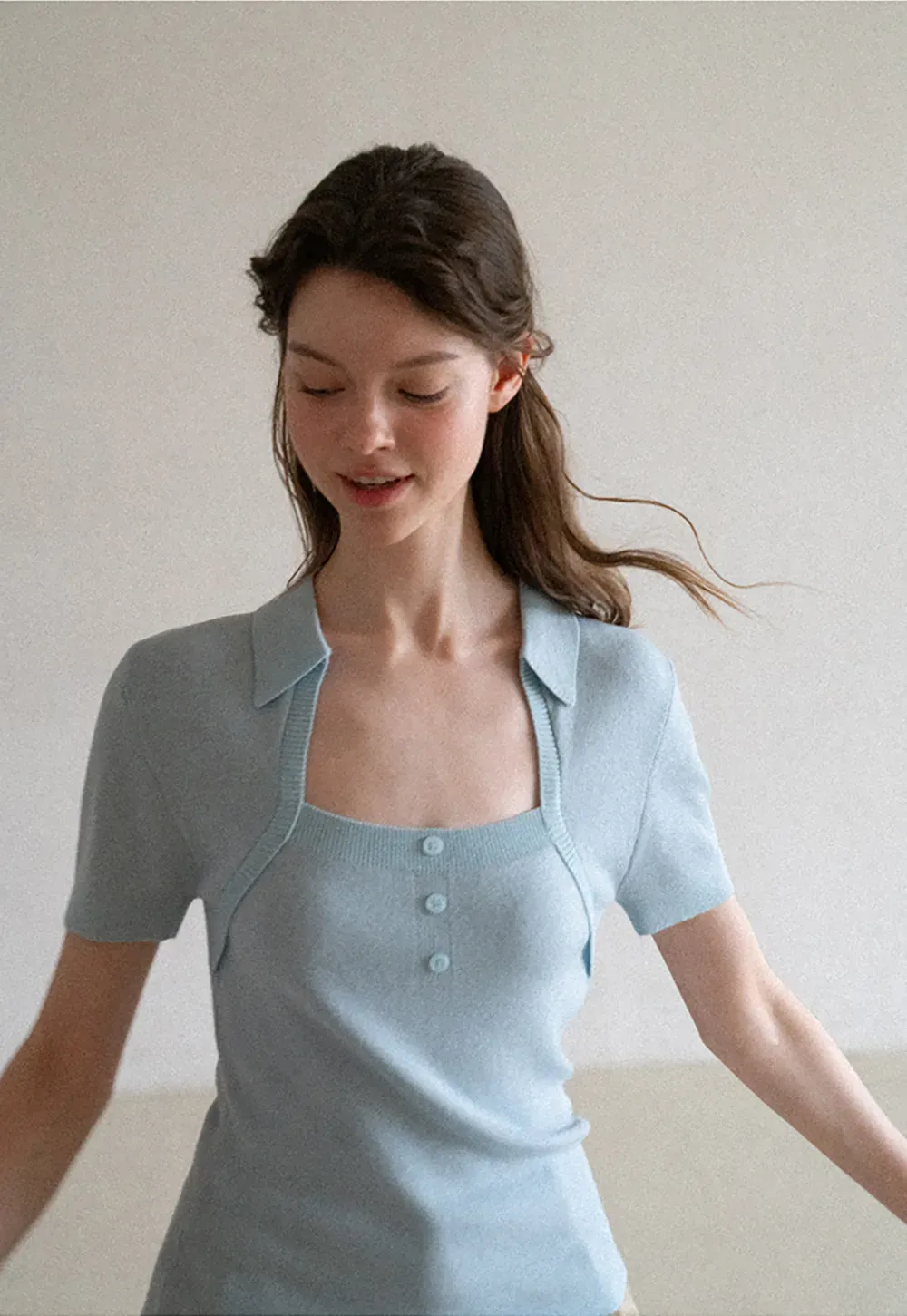 Collared Short Sleeve Knit Sweater with Square Neckline