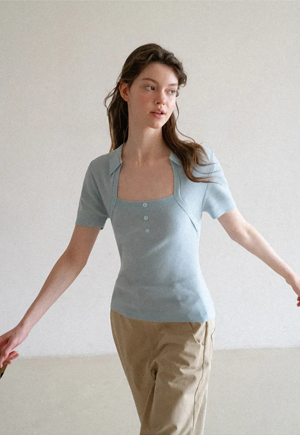 Collared Short Sleeve Knit Sweater with Square Neckline