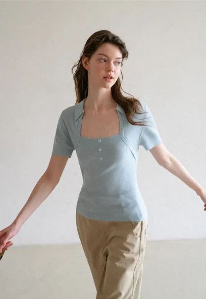 Collared Short Sleeve Knit Sweater with Square Neckline