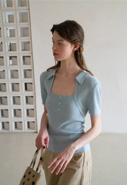 Collared Short Sleeve Knit Sweater with Square Neckline