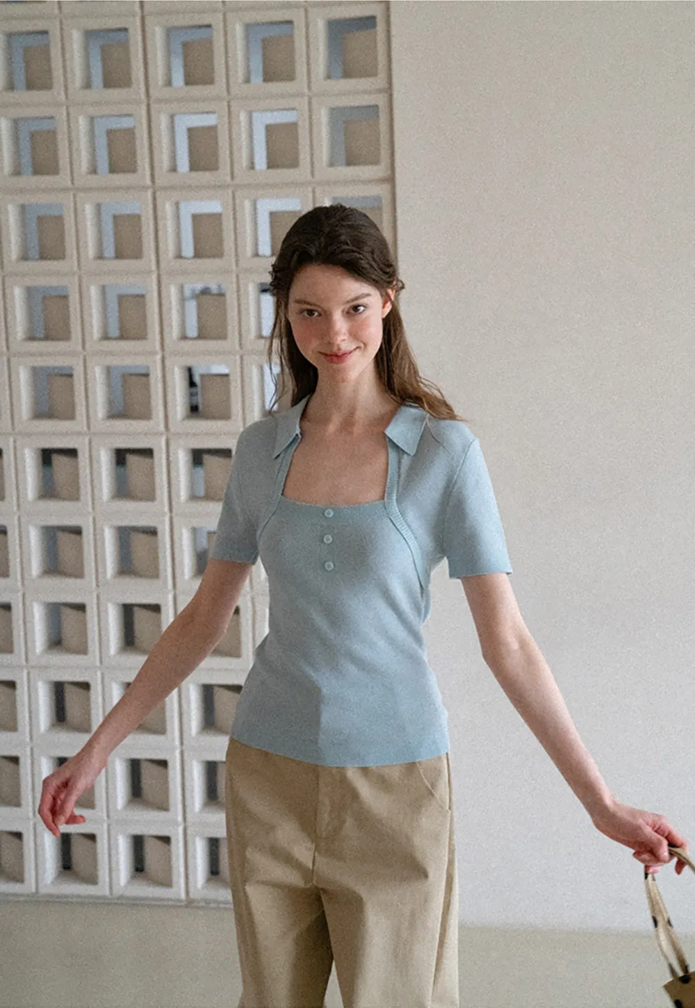 Collared Short Sleeve Knit Sweater with Square Neckline