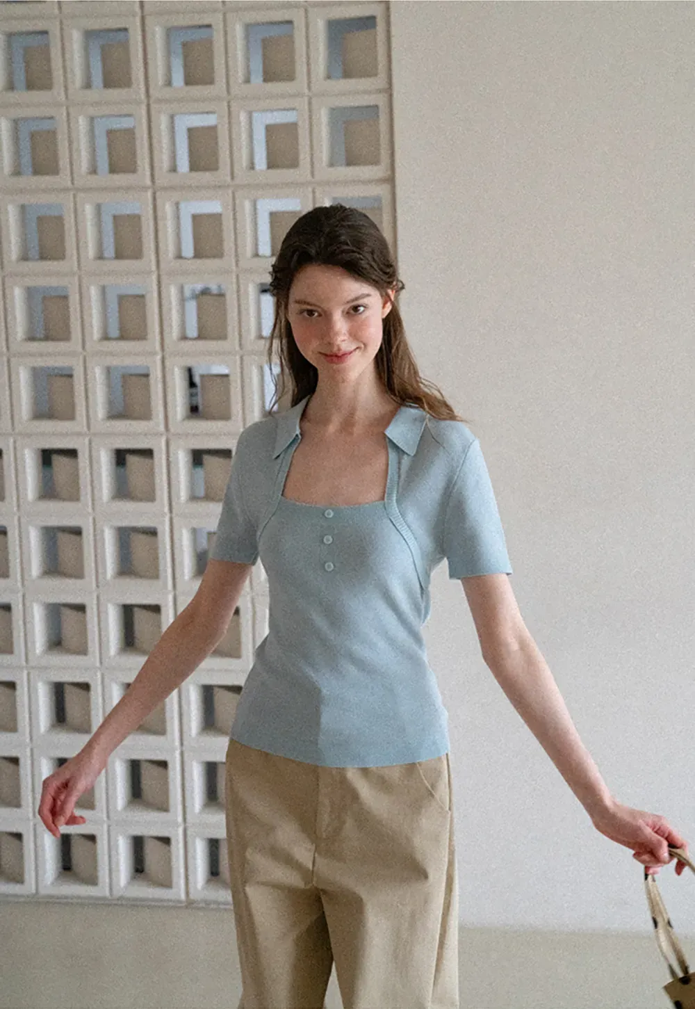 Collared Short Sleeve Knit Sweater with Square Neckline