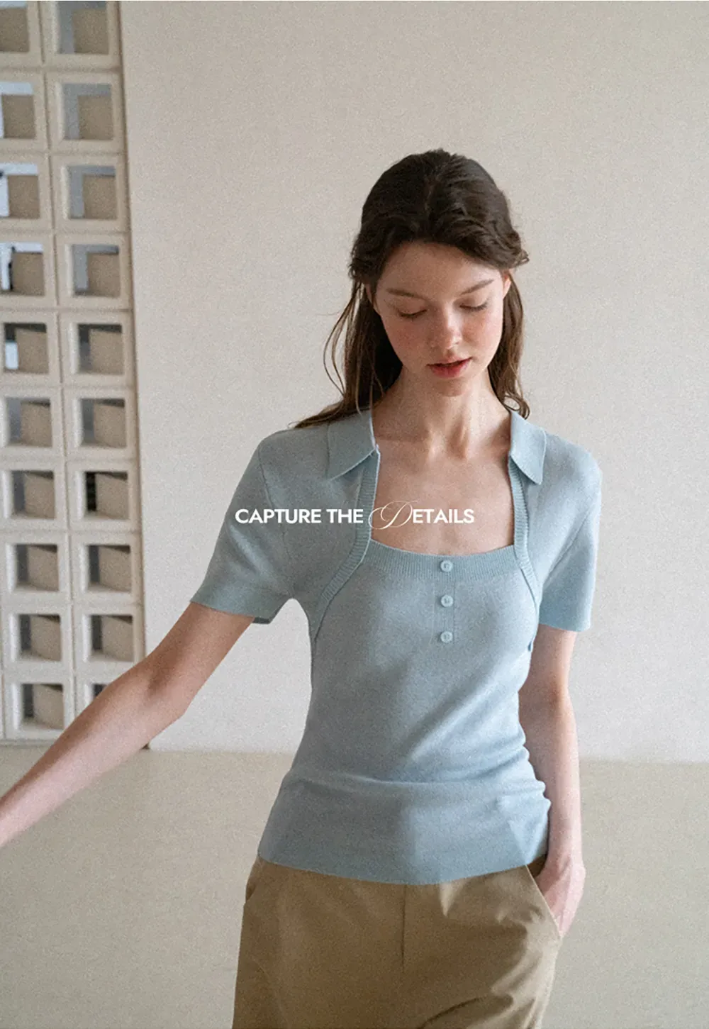 Collared Short Sleeve Knit Sweater with Square Neckline