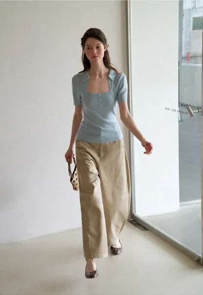 Collared Short Sleeve Knit Sweater with Square Neckline