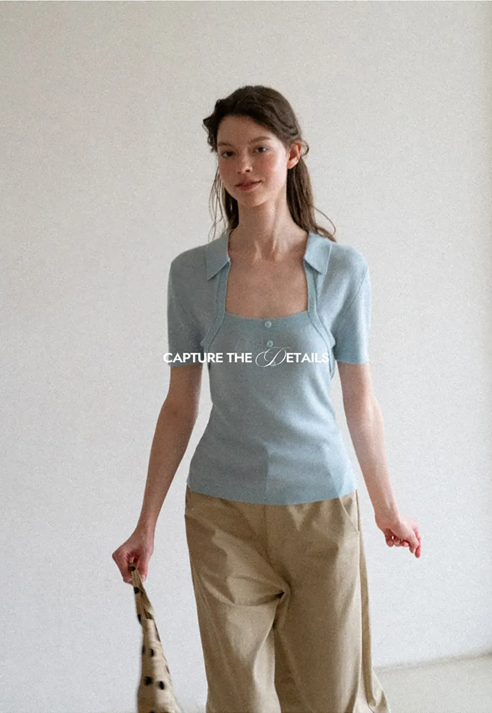 Collared Short Sleeve Knit Sweater with Square Neckline