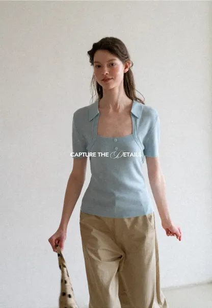 Collared Short Sleeve Knit Sweater with Square Neckline