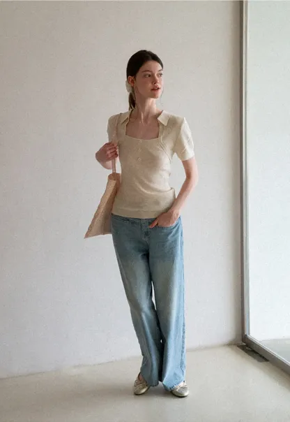 Collared Short Sleeve Knit Sweater with Square Neckline