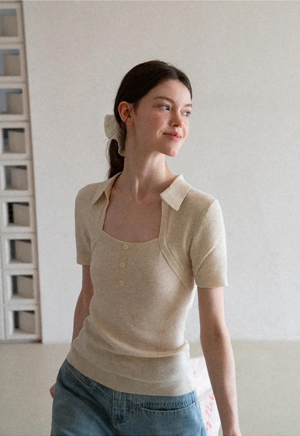 Collared Short Sleeve Knit Sweater with Square Neckline