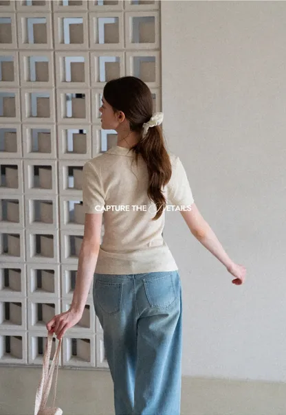 Collared Short Sleeve Knit Sweater with Square Neckline