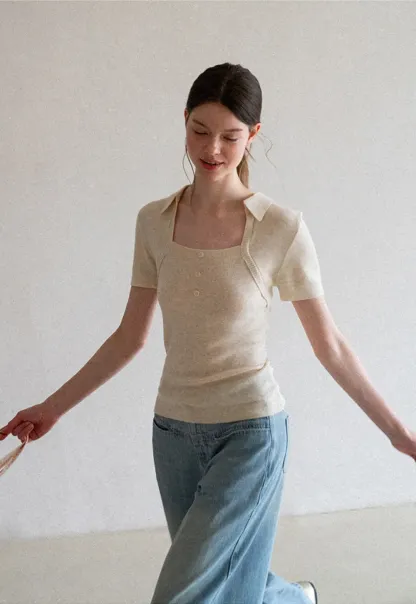 Collared Short Sleeve Knit Sweater with Square Neckline