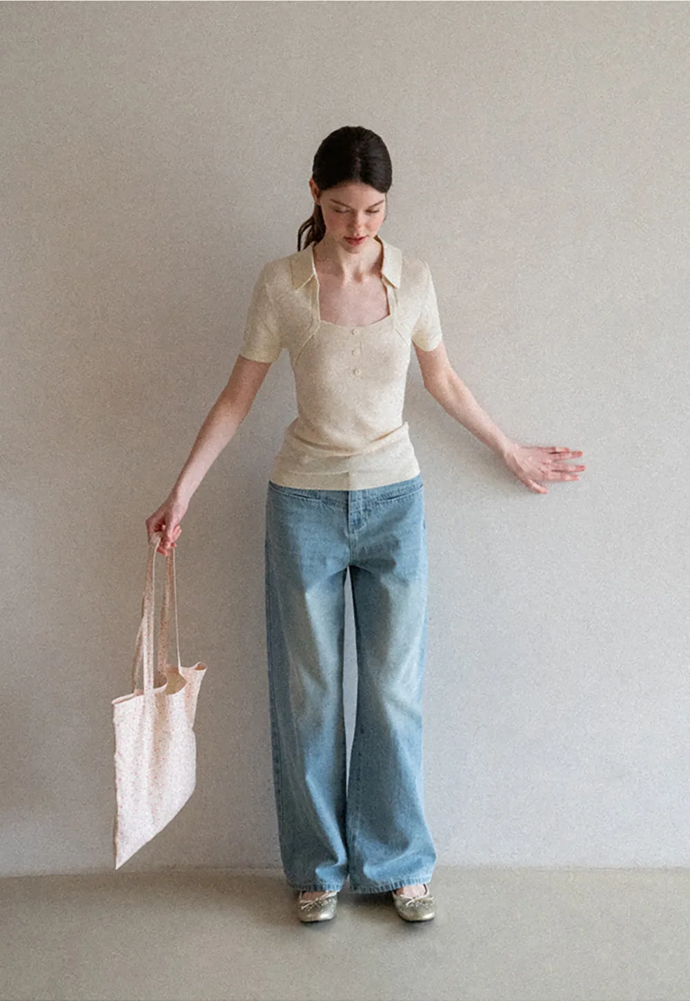 Collared Short Sleeve Knit Sweater with Square Neckline