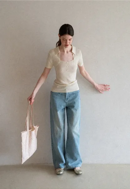 Collared Short Sleeve Knit Sweater with Square Neckline