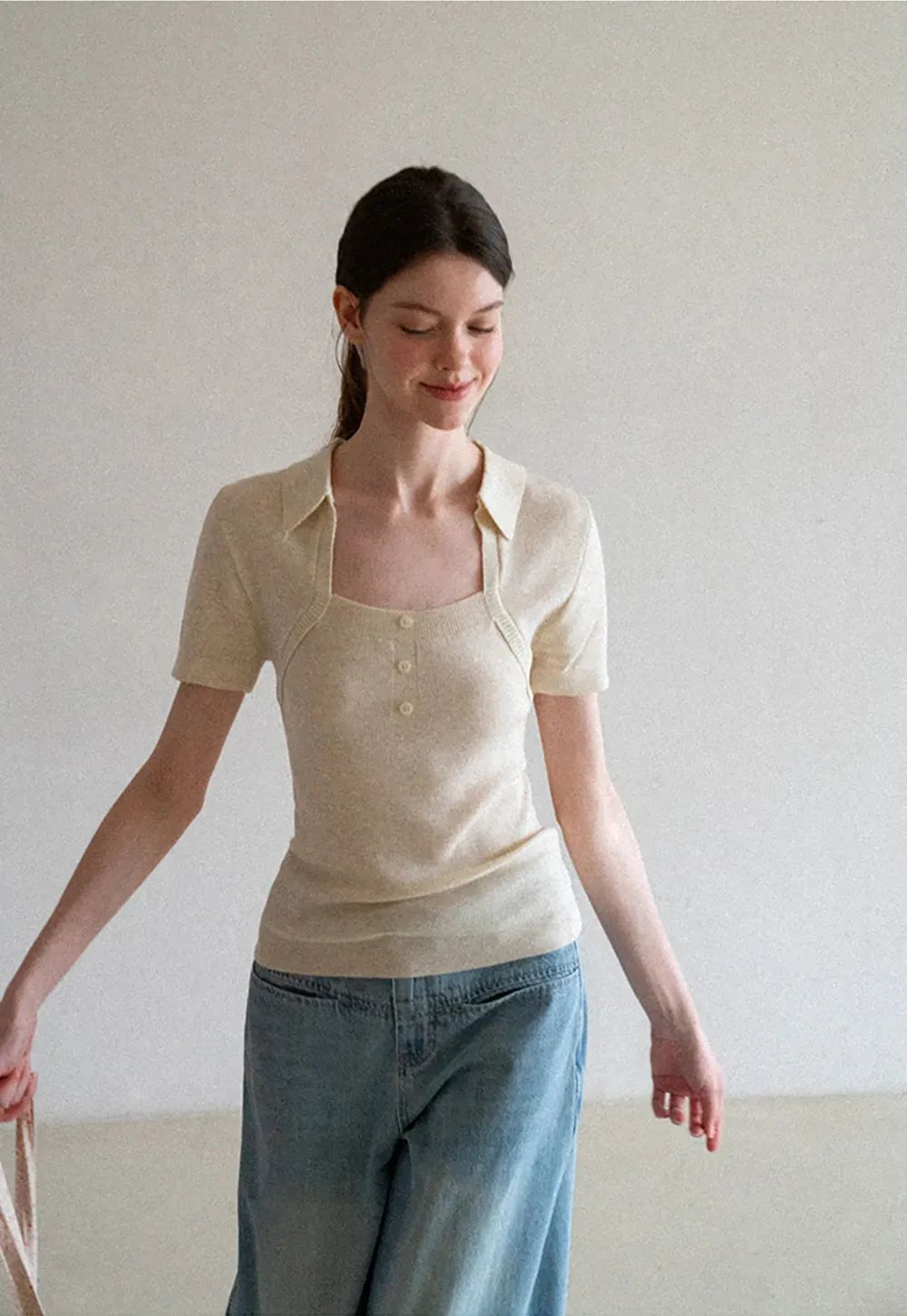 Collared Short Sleeve Knit Sweater with Square Neckline