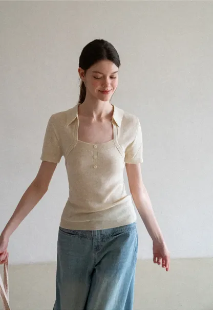 Collared Short Sleeve Knit Sweater with Square Neckline