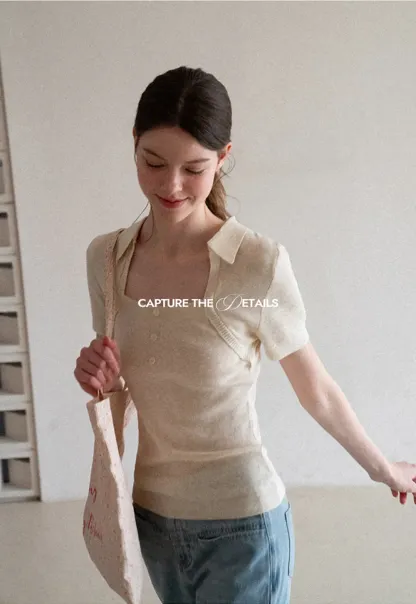 Collared Short Sleeve Knit Sweater with Square Neckline