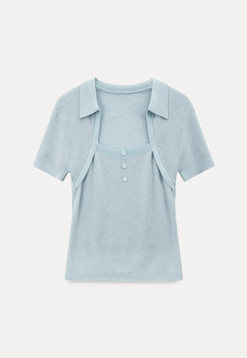 Collared Short Sleeve Knit Sweater with Square Neckline