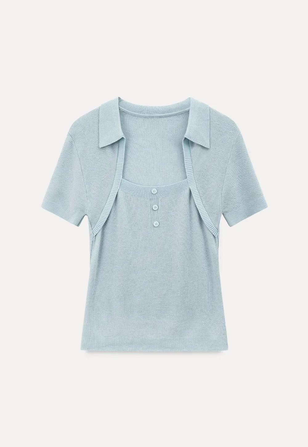 Collared Short Sleeve Knit Sweater with Square Neckline