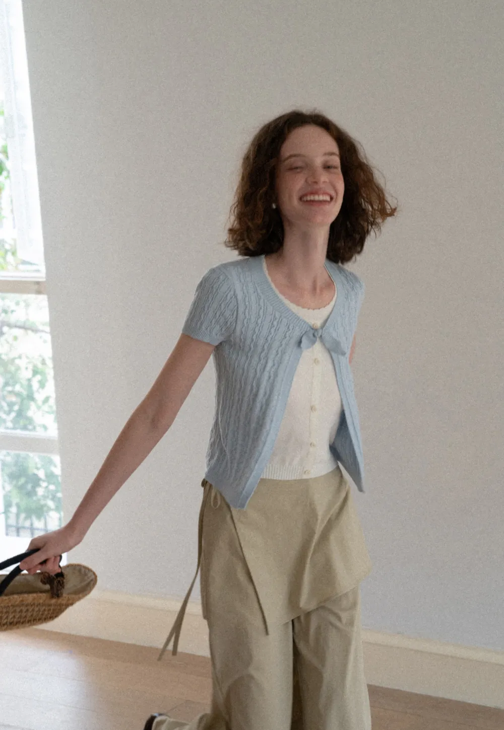 Cable Knit Short Sleeve Cardigan with Bow Detail