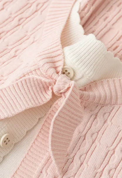 Cable Knit Short Sleeve Cardigan with Bow Detail