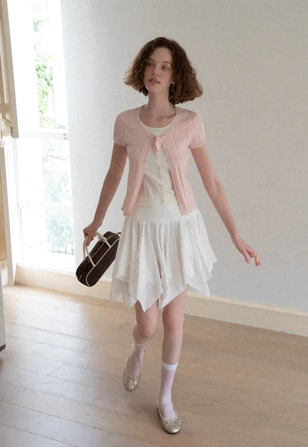 Cable Knit Short Sleeve Cardigan with Bow Detail