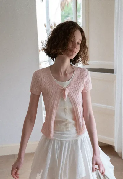 Cable Knit Short Sleeve Cardigan with Bow Detail