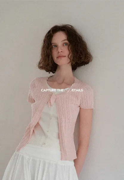 Cable Knit Short Sleeve Cardigan with Bow Detail