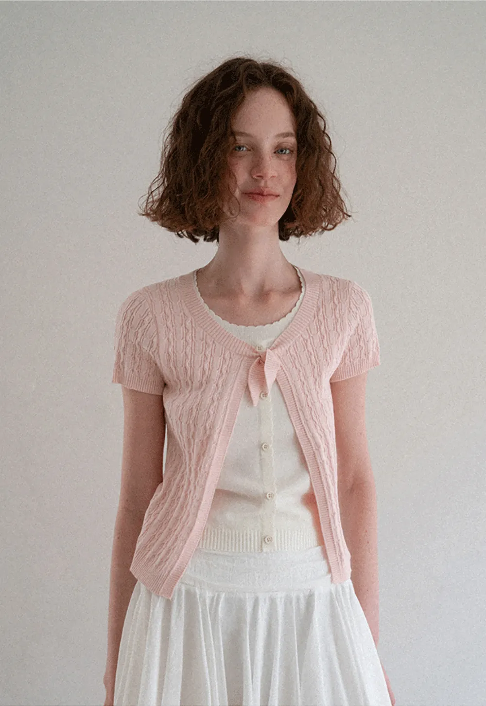Cable Knit Short Sleeve Cardigan with Bow Detail