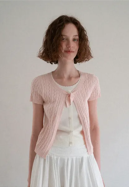 Cable Knit Short Sleeve Cardigan with Bow Detail