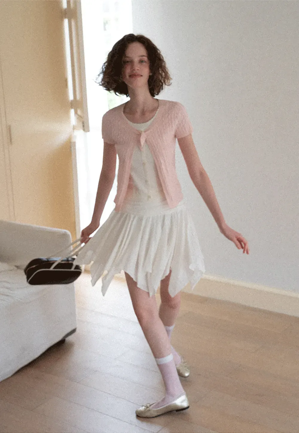 Cable Knit Short Sleeve Cardigan with Bow Detail