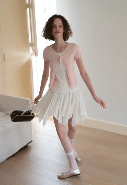 Cable Knit Short Sleeve Cardigan with Bow Detail