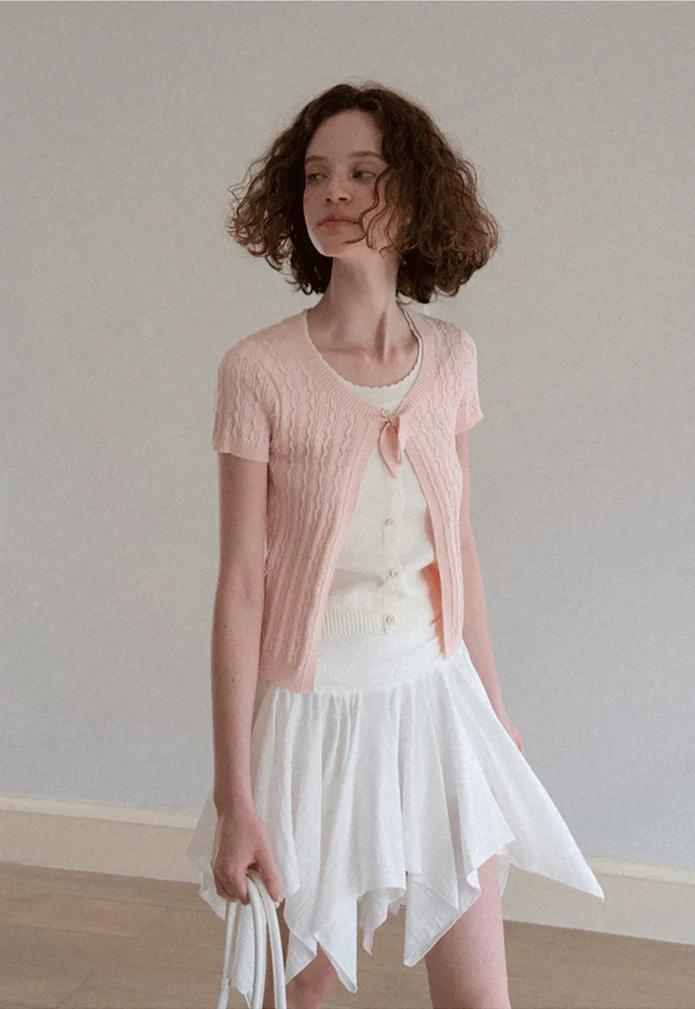 Cable Knit Short Sleeve Cardigan with Bow Detail