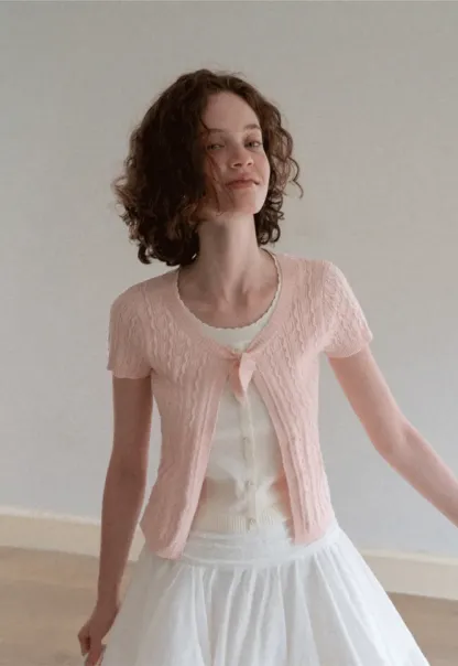 Cable Knit Short Sleeve Cardigan with Bow Detail