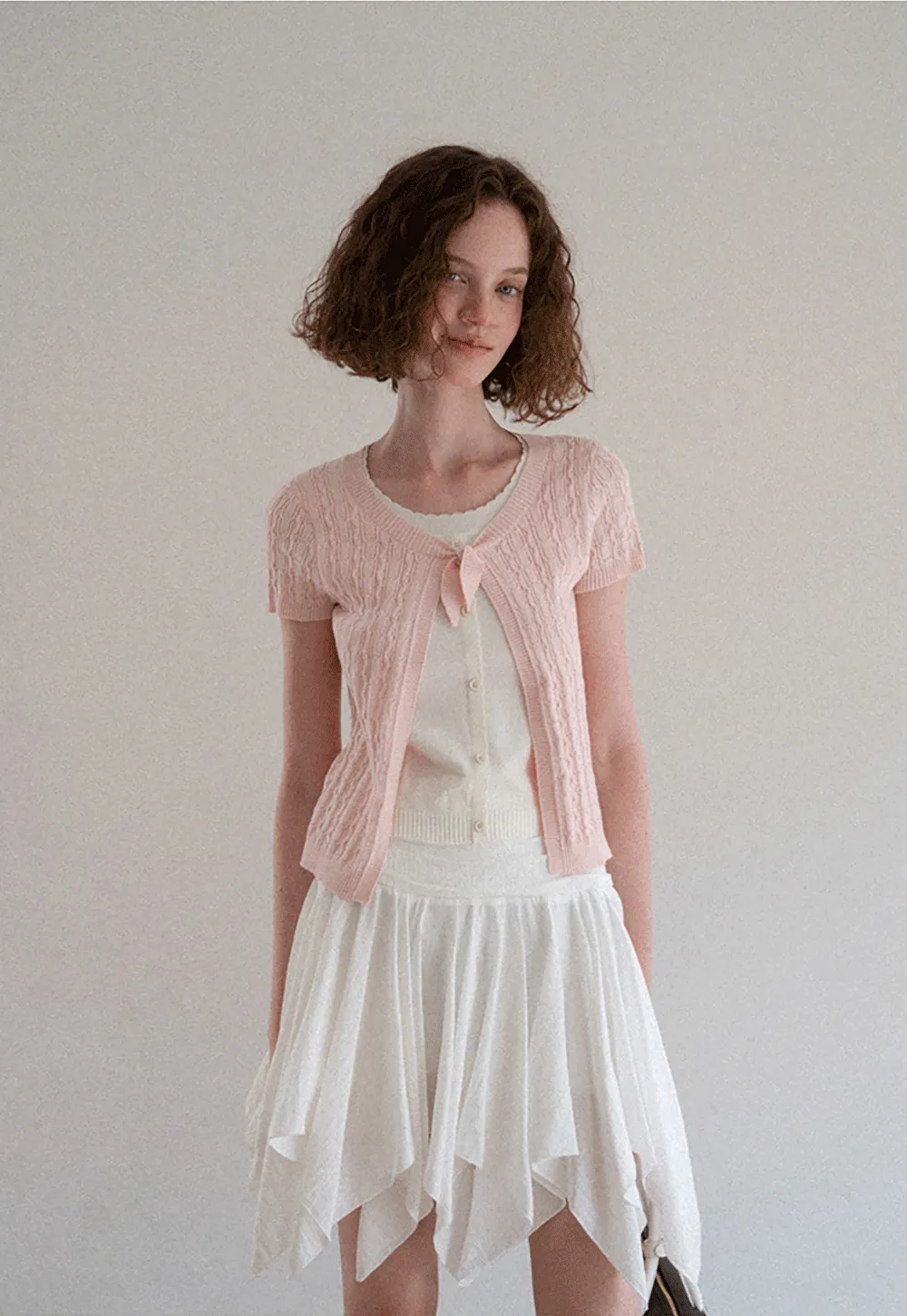 Cable Knit Short Sleeve Cardigan with Bow Detail