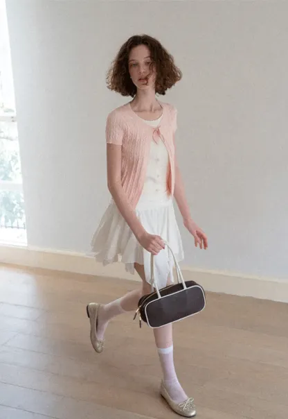 Cable Knit Short Sleeve Cardigan with Bow Detail