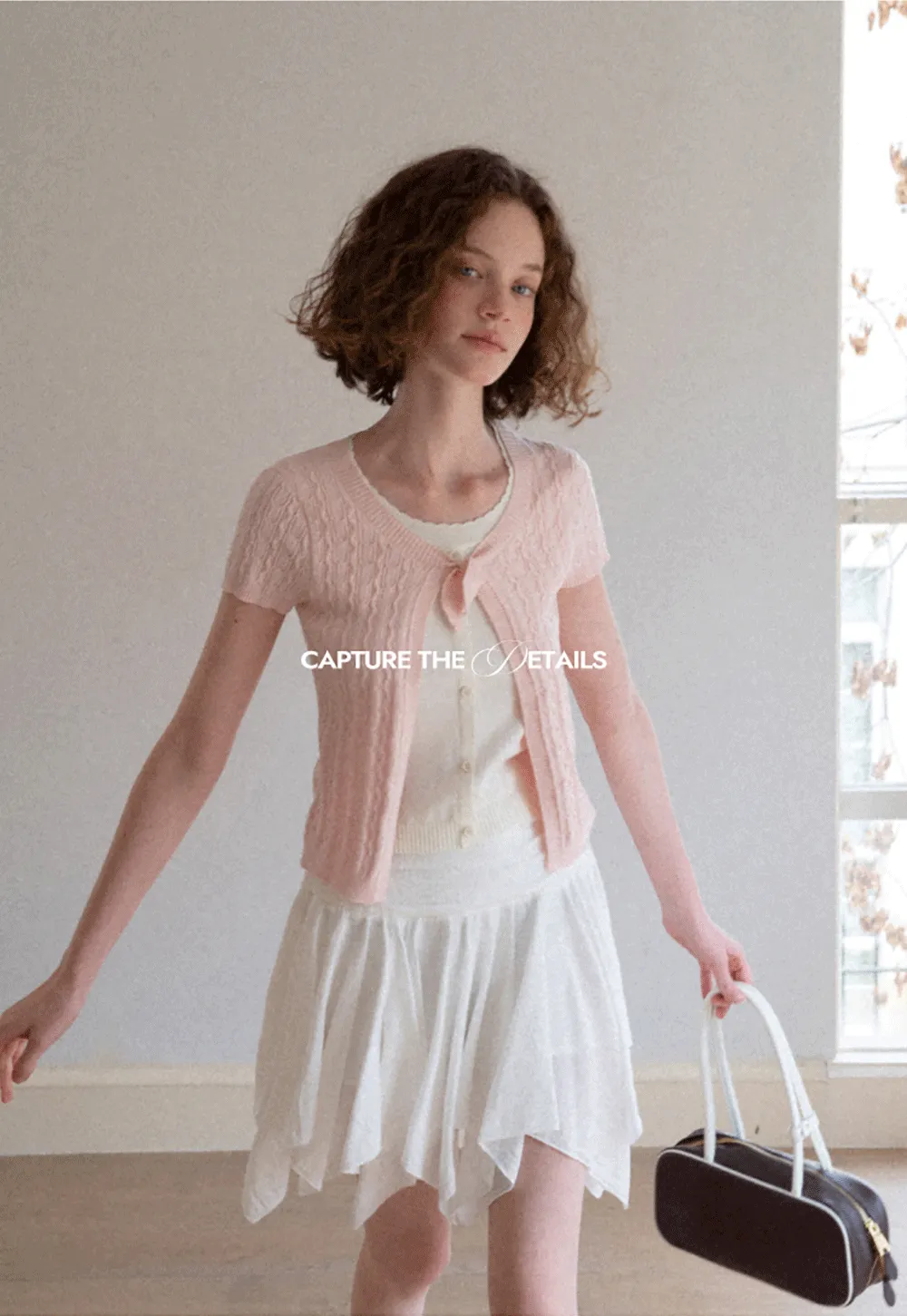 Cable Knit Short Sleeve Cardigan with Bow Detail