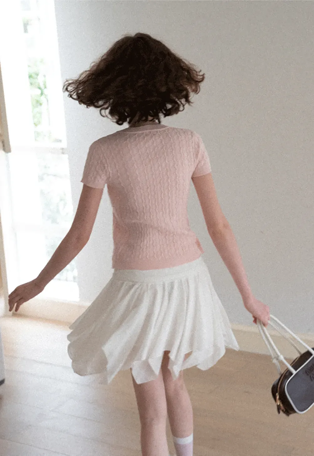 Cable Knit Short Sleeve Cardigan with Bow Detail