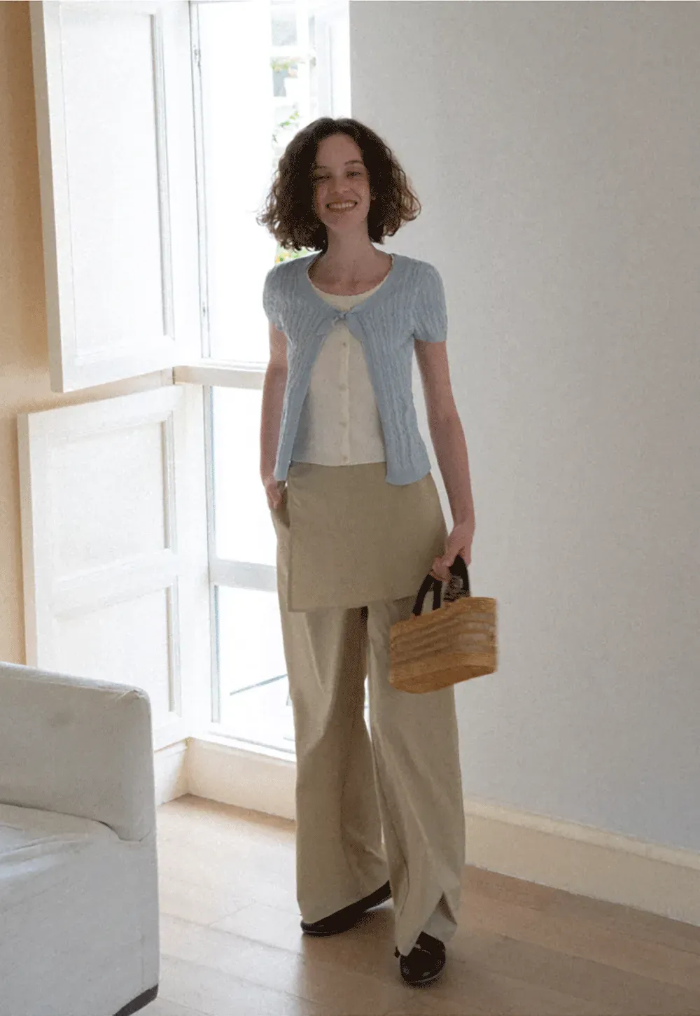 Cable Knit Short Sleeve Cardigan with Bow Detail