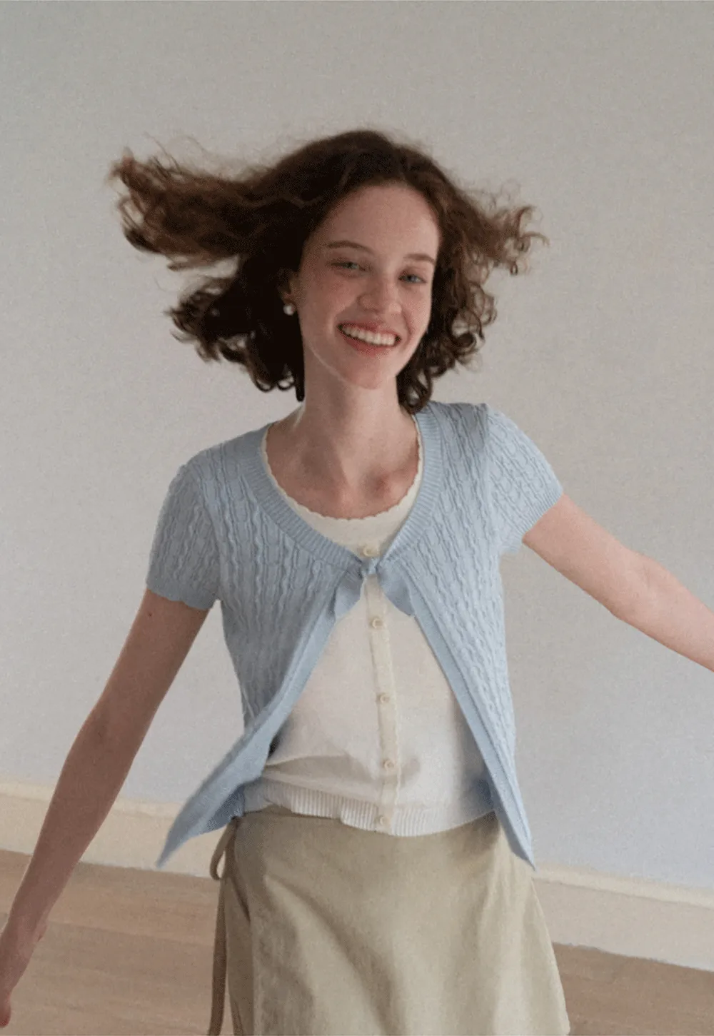 Cable Knit Short Sleeve Cardigan with Bow Detail