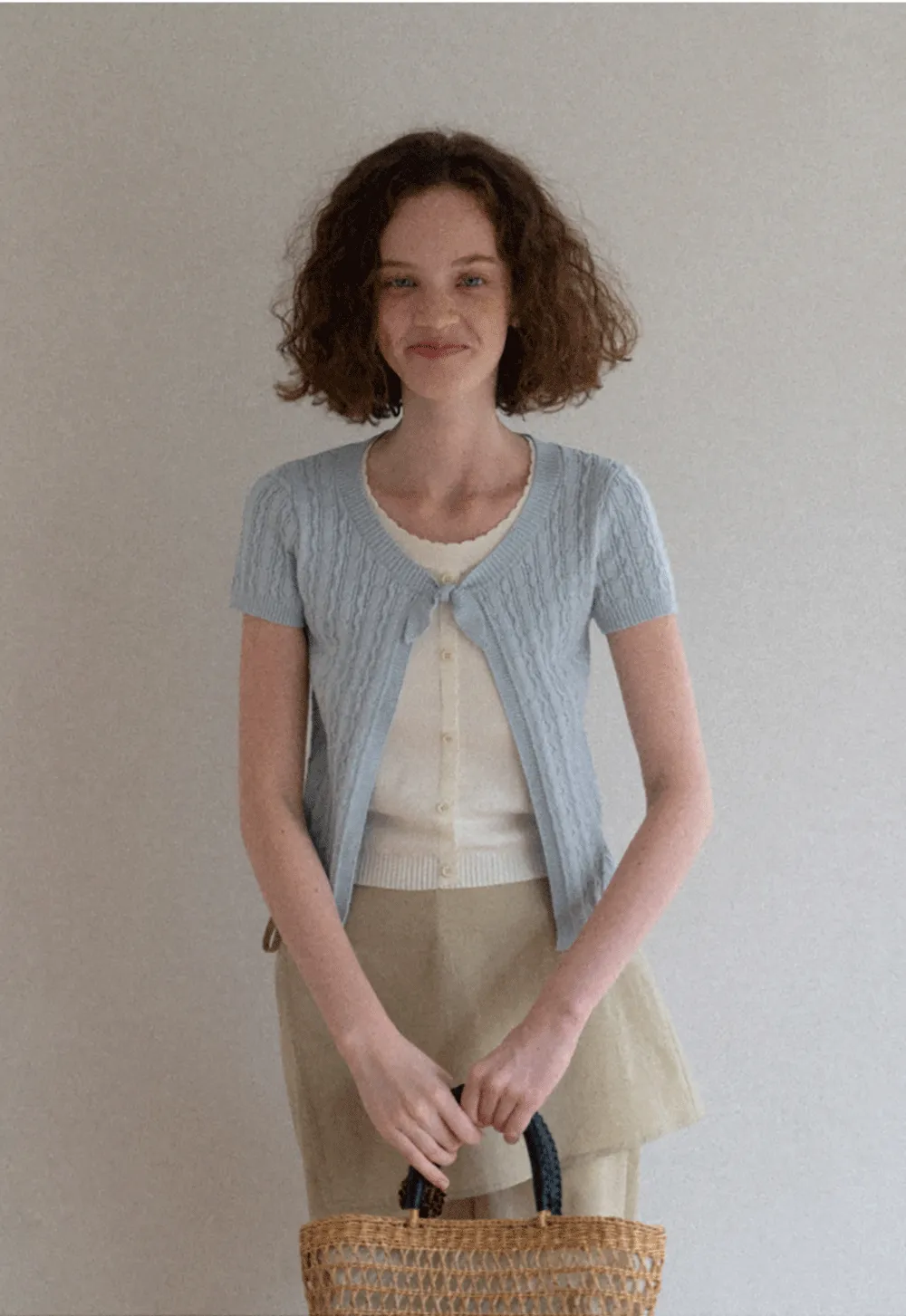 Cable Knit Short Sleeve Cardigan with Bow Detail