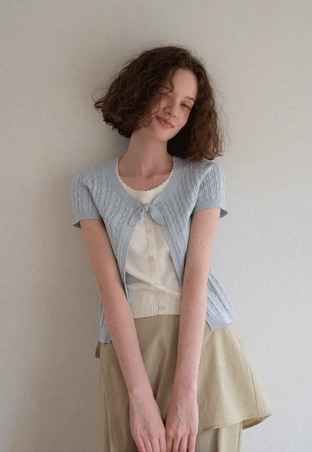 Cable Knit Short Sleeve Cardigan with Bow Detail