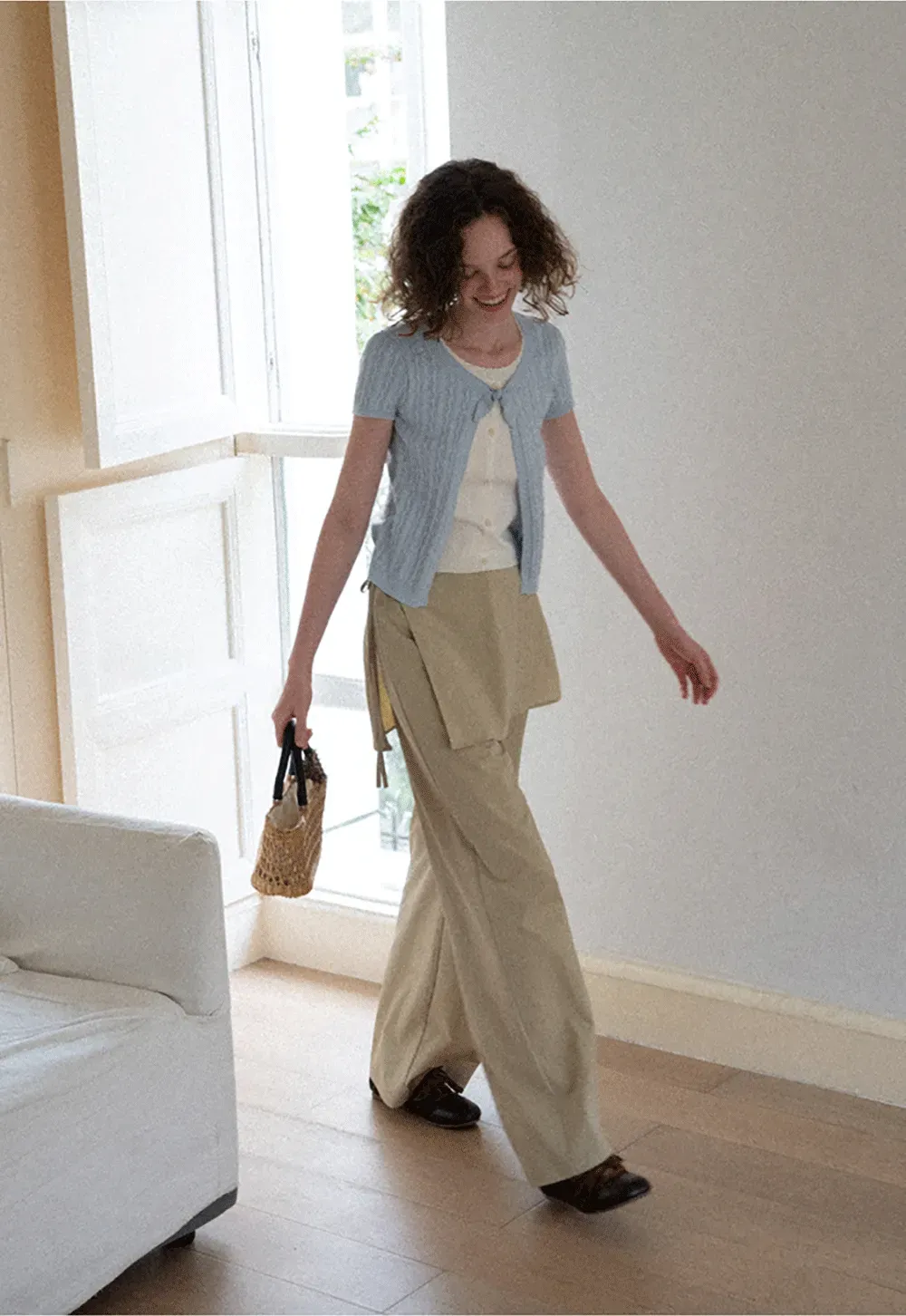 Cable Knit Short Sleeve Cardigan with Bow Detail