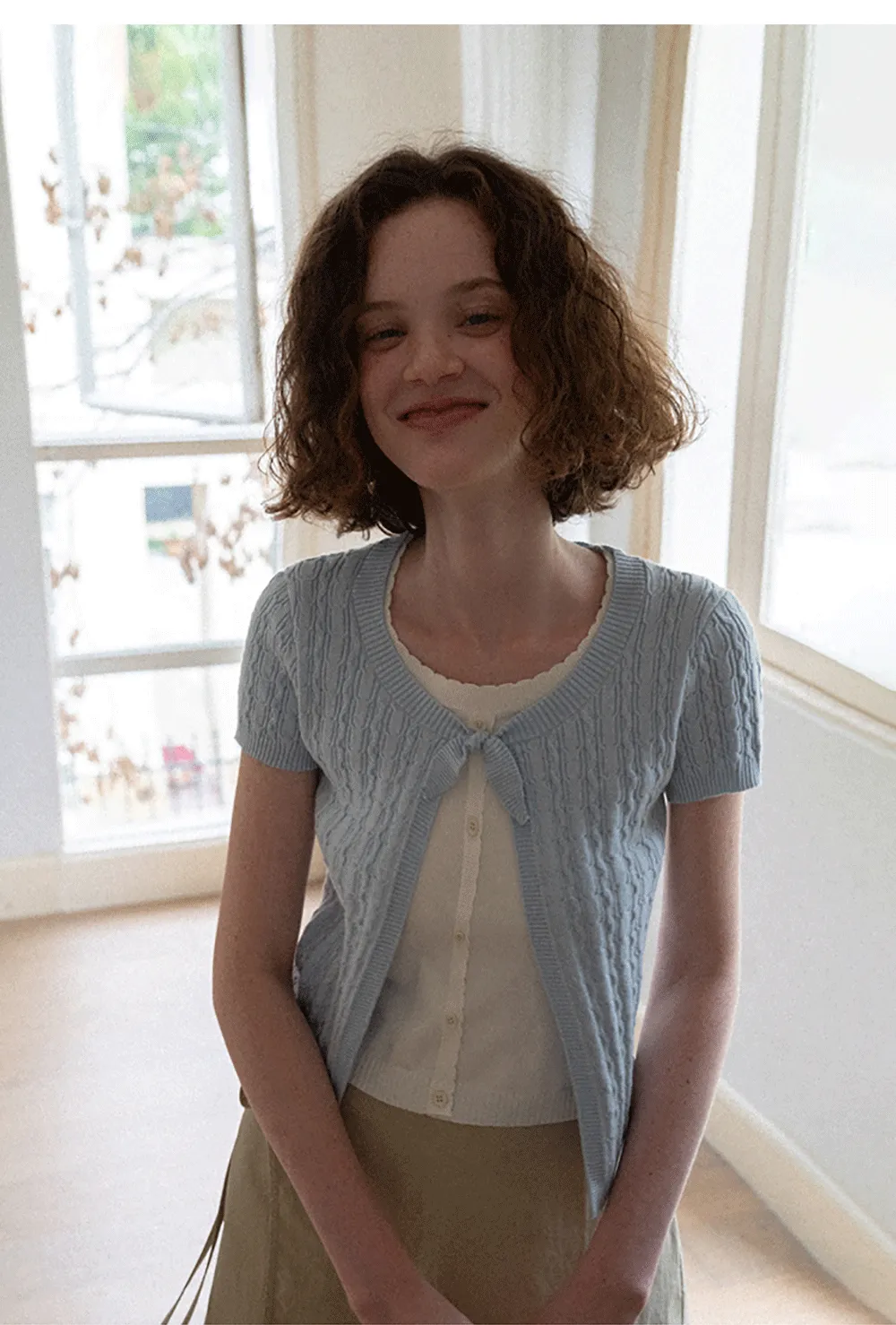 Cable Knit Short Sleeve Cardigan with Bow Detail