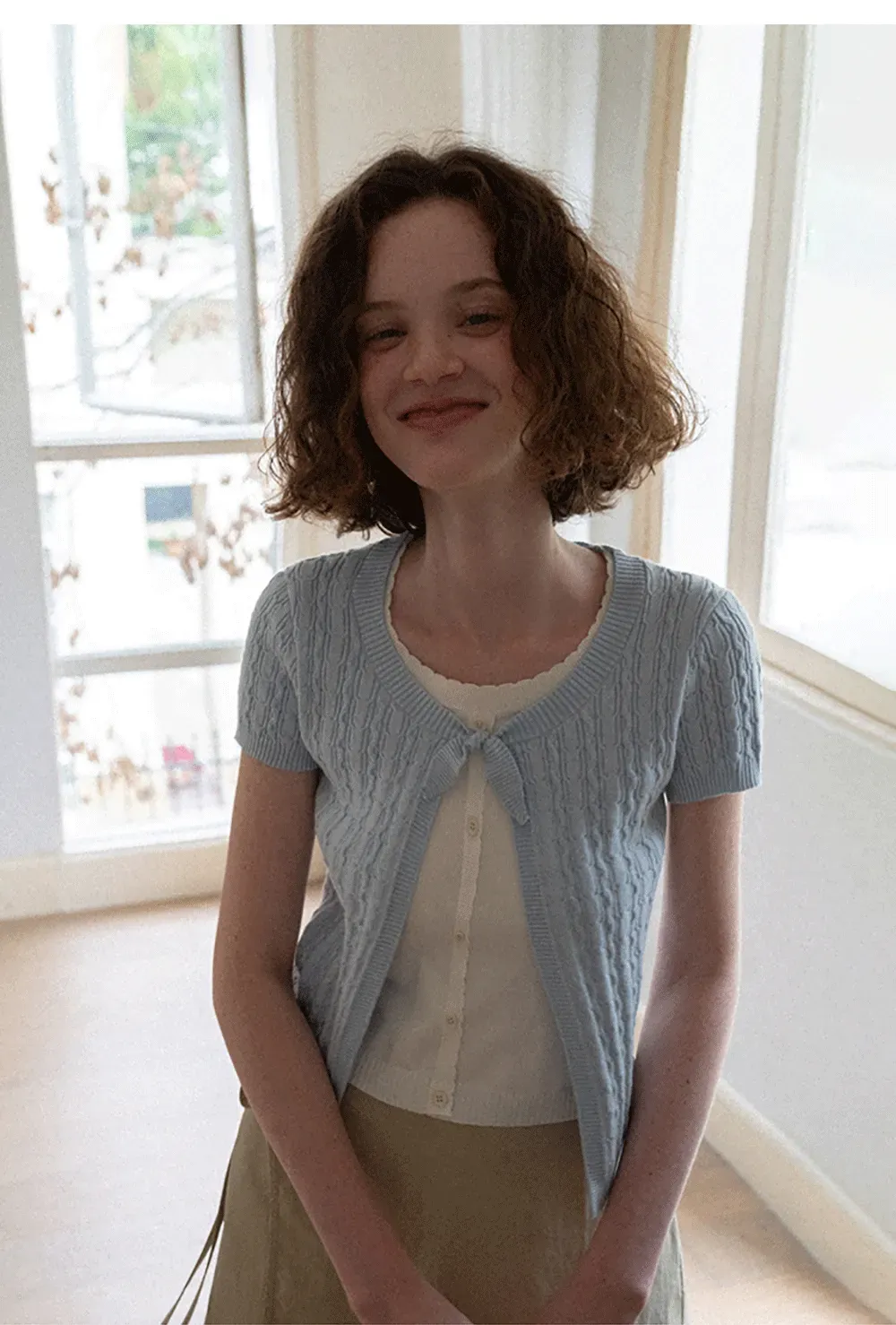 Cable Knit Short Sleeve Cardigan with Bow Detail