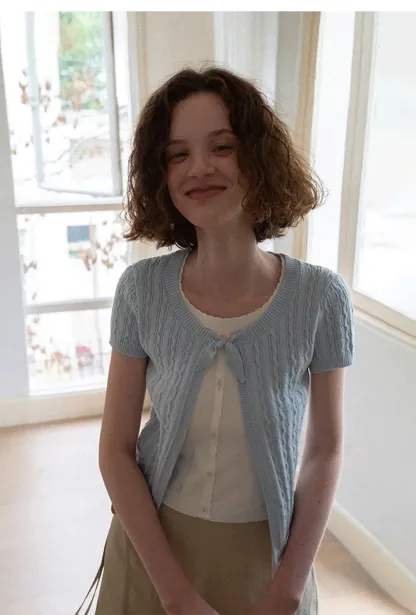Cable Knit Short Sleeve Cardigan with Bow Detail