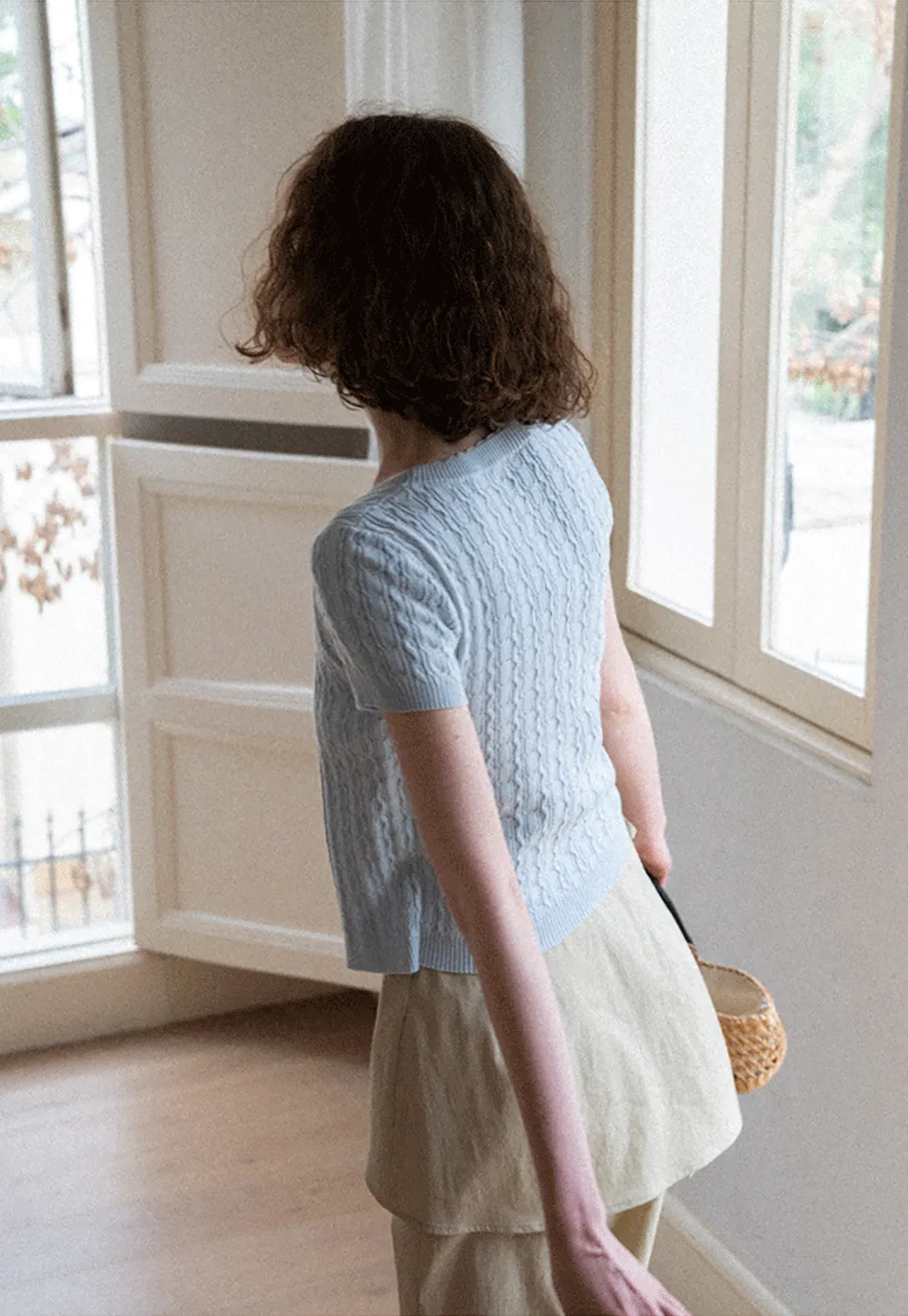 Cable Knit Short Sleeve Cardigan with Bow Detail