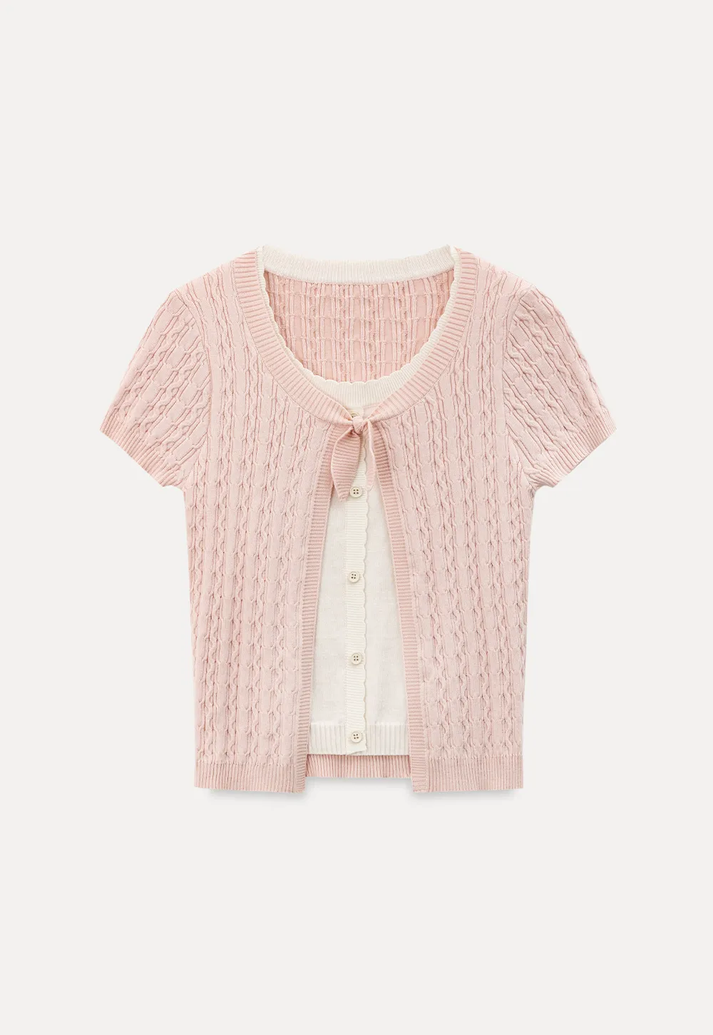 Cable Knit Short Sleeve Cardigan with Bow Detail