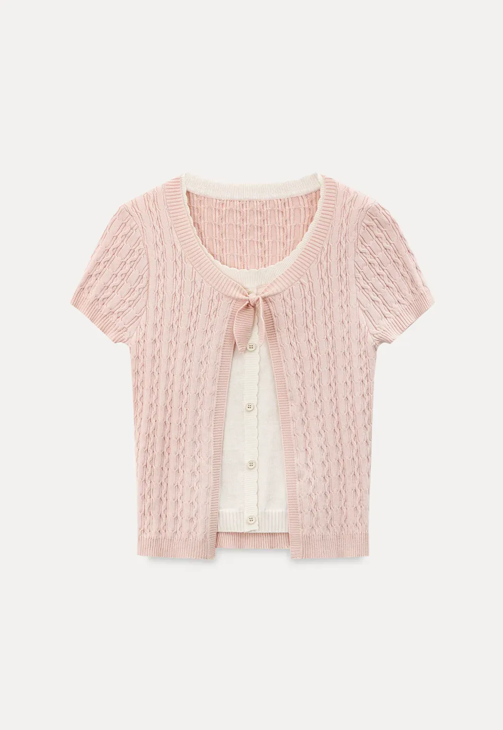 Cable Knit Short Sleeve Cardigan with Bow Detail