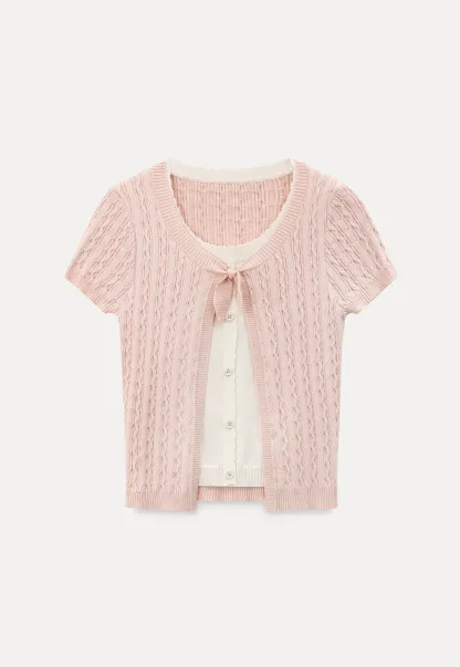 Cable Knit Short Sleeve Cardigan with Bow Detail
