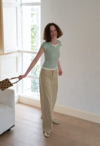 Contrast Trim Crew Neck Short Sleeve Knit Sweater